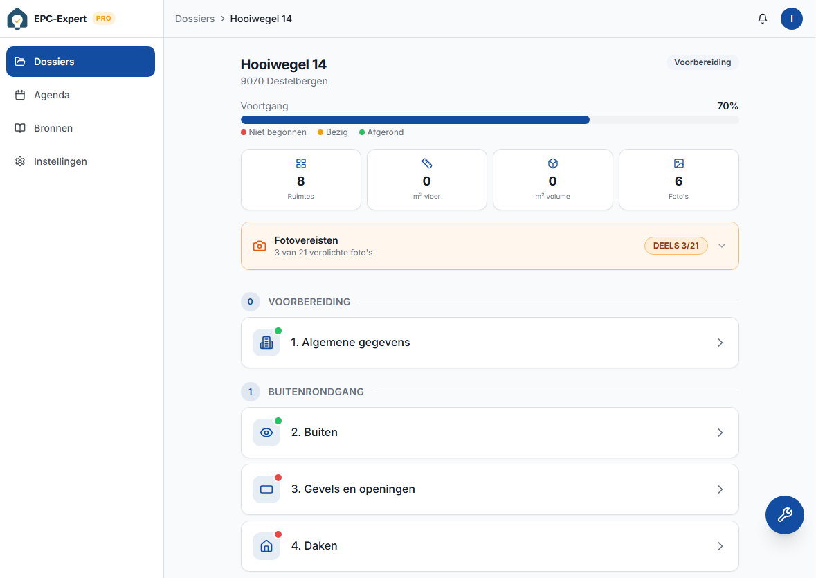 EPC-Expert Pro file screen: progress, photo requirements and inspection route